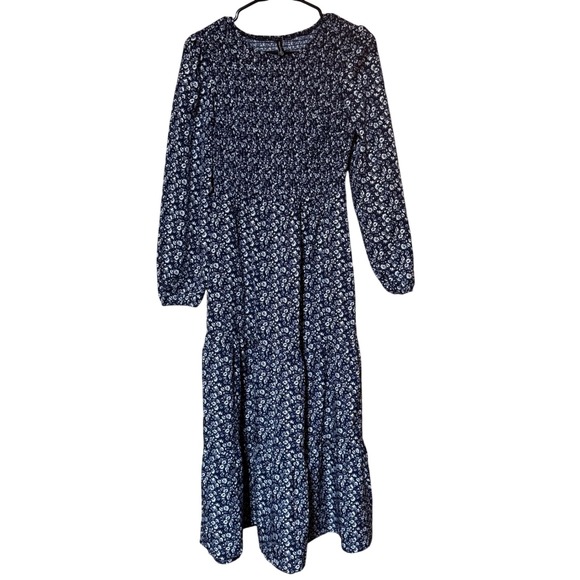 PrettyGarden Navy Floral Long Sleeve Smocked Midi Dress Small - Like New - Picture 2 of 8